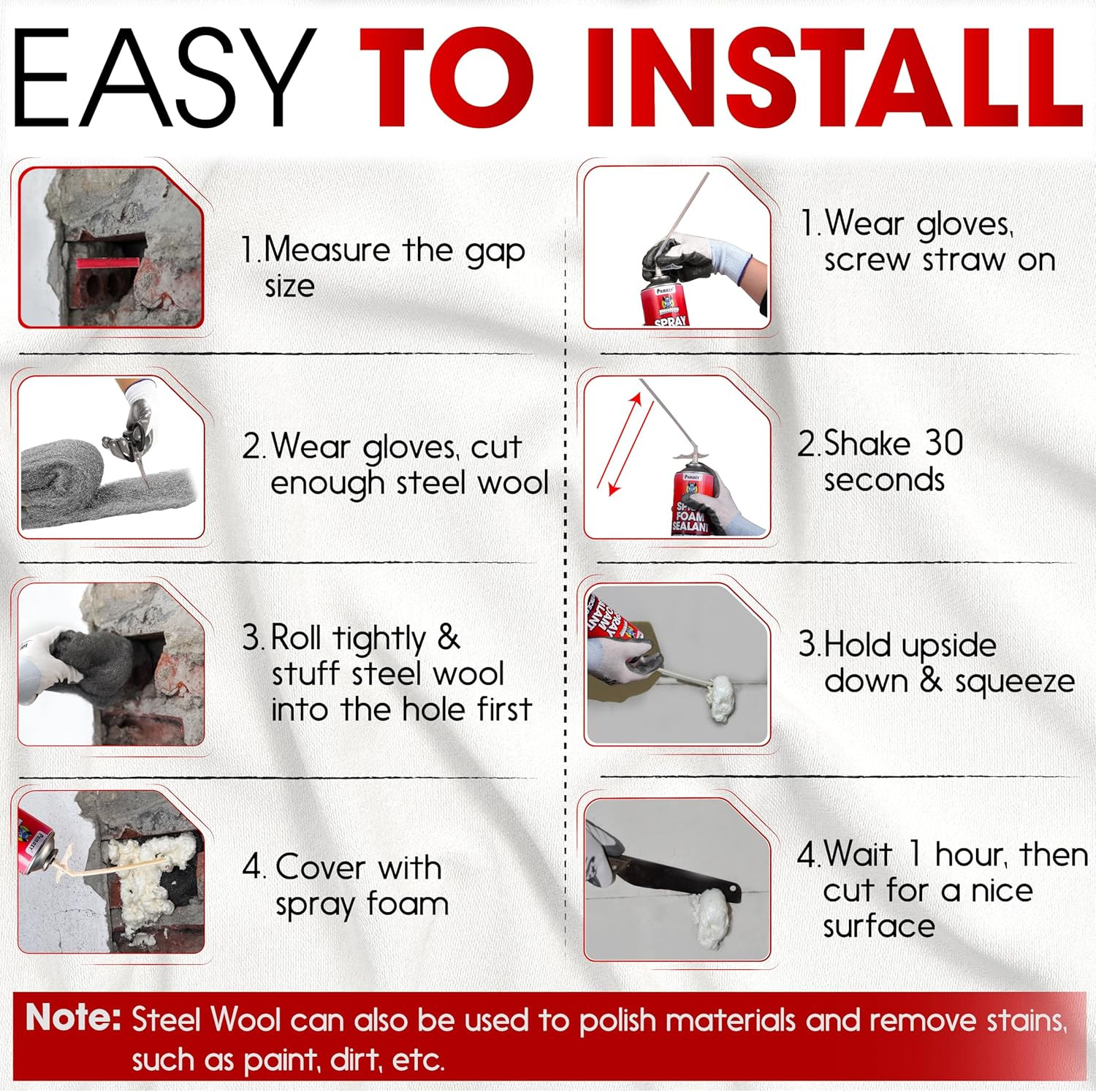 Rodent Barrier Kit 3PCS Steel Wool Included PU Foam Hole Filler 3.2"X7.5 Mice