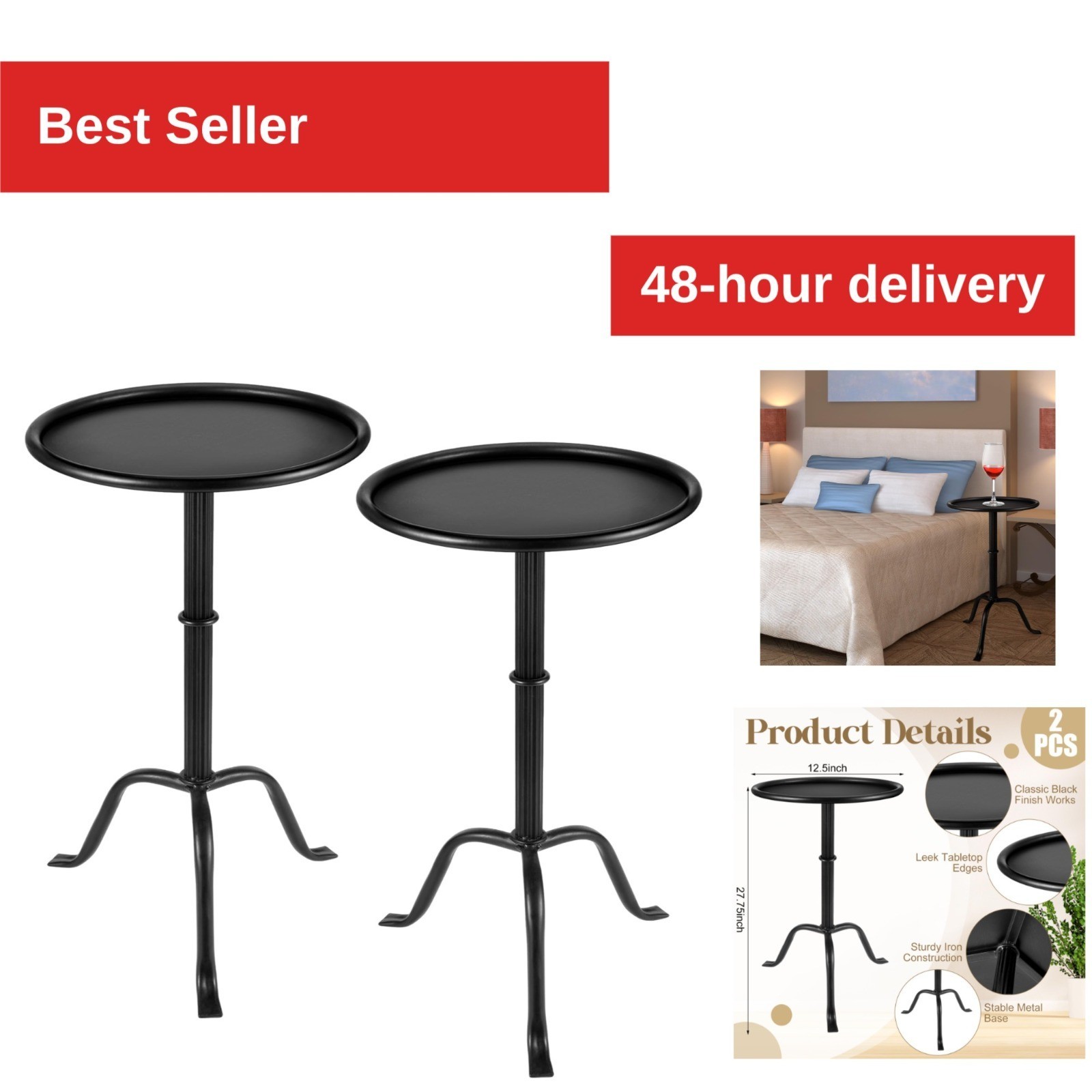 RattanView Metal Martini Table Set of 2 Black Small Round Side Tables