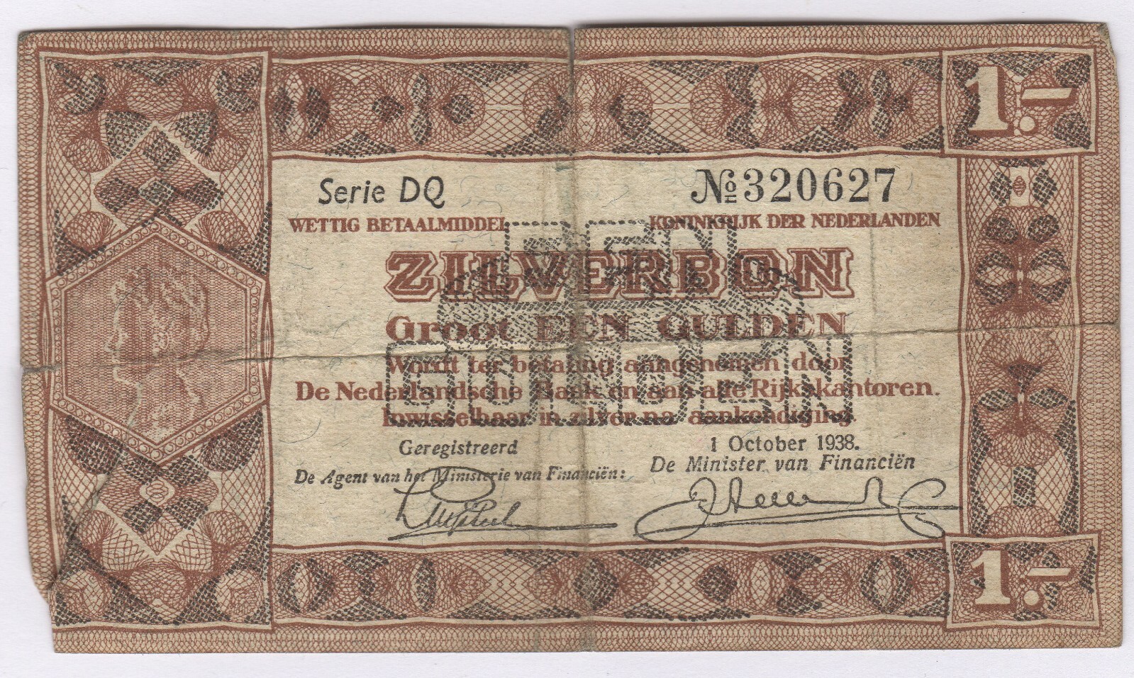 1938 Netherlands 1 Gulden Banknote – Dutch Pre-War Issue