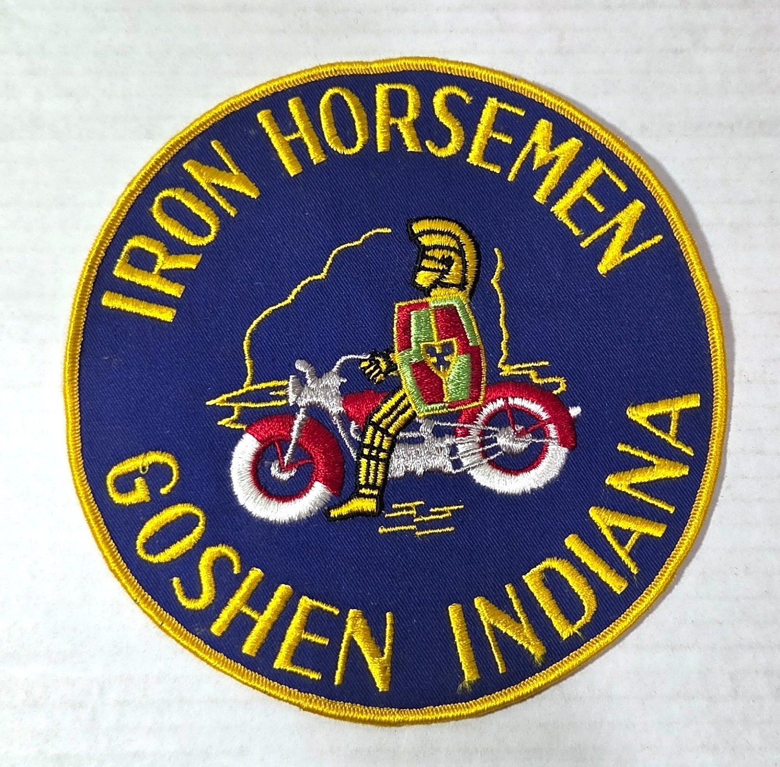 1990s Iron Horsemen Motorcycle Club large jacket patch, Goshen, Indiana; history