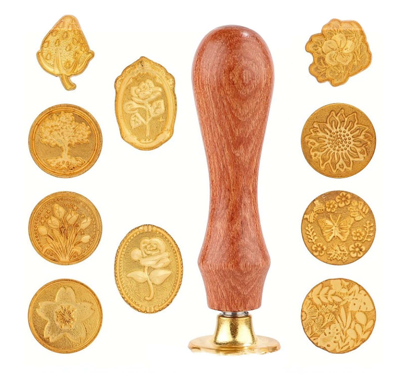 YYaaloa 11pc Wax Seal Stamp Set - Brass & Wooden Handle - 10pcs Style A