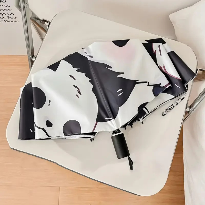 Ladies' Cute Umbrella Panda Three Fold Windproof Travel Umbrella Black Coating S