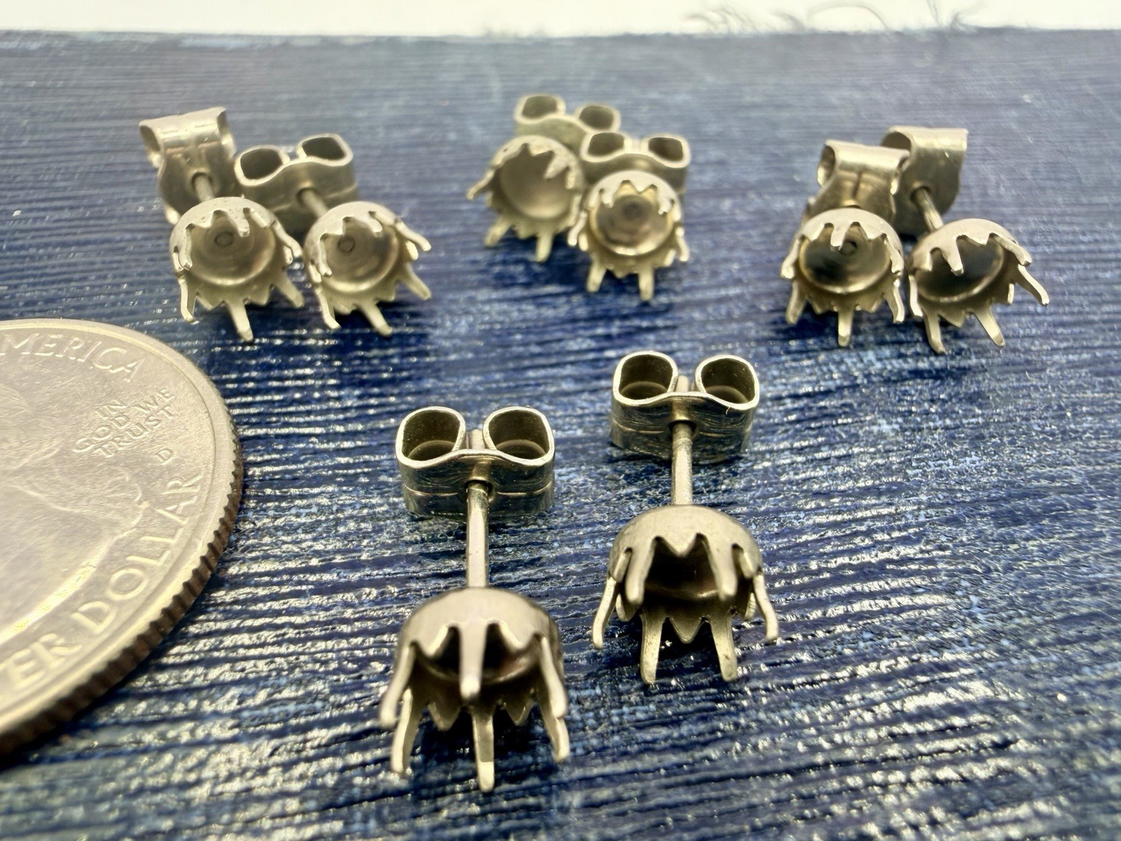 4 Prs Vintage Silver Tone 6mm Claw Cup Pierced Earrings Blanks Findings Lot