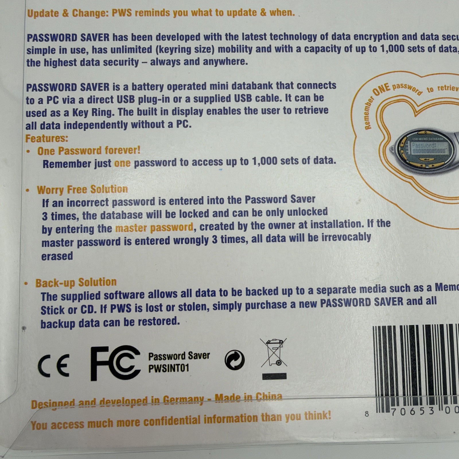Password Saver USB-Micro Databank High Security Device New Sealed
