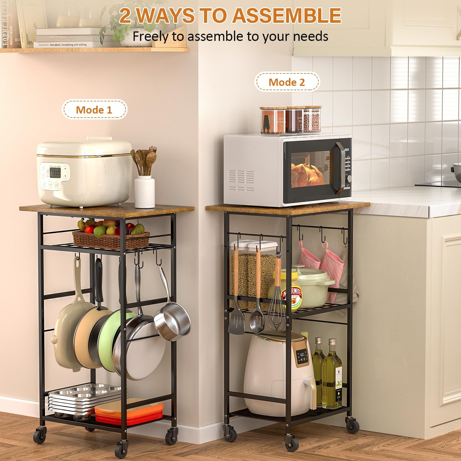 Rolling Kitchen Microwave Cart, 3 Tier Microwave Table Stand with Adjustable ...