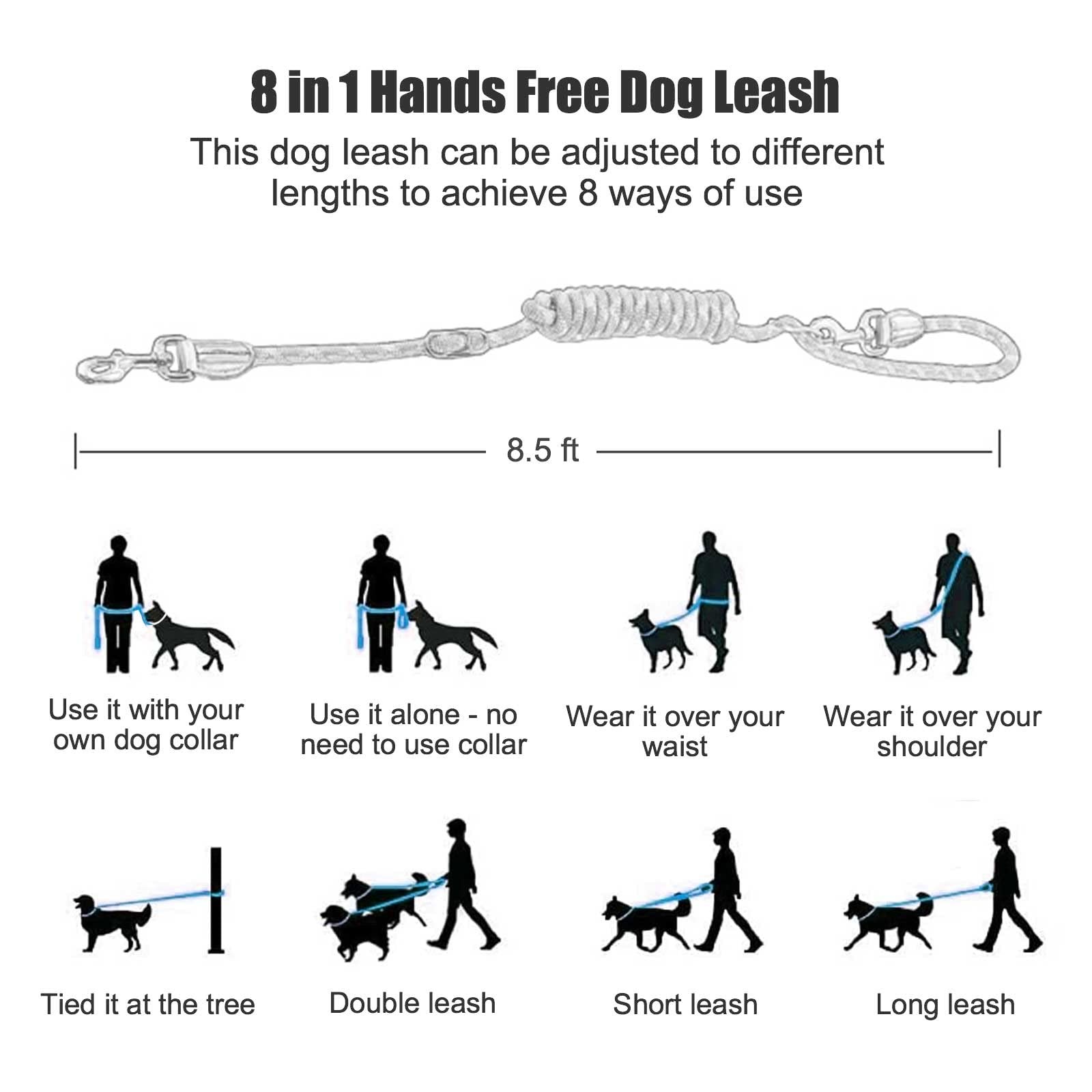 Hands Free 8.5ft Nylon Double Dog Leash with Reflective Stitching Adjustable ...
