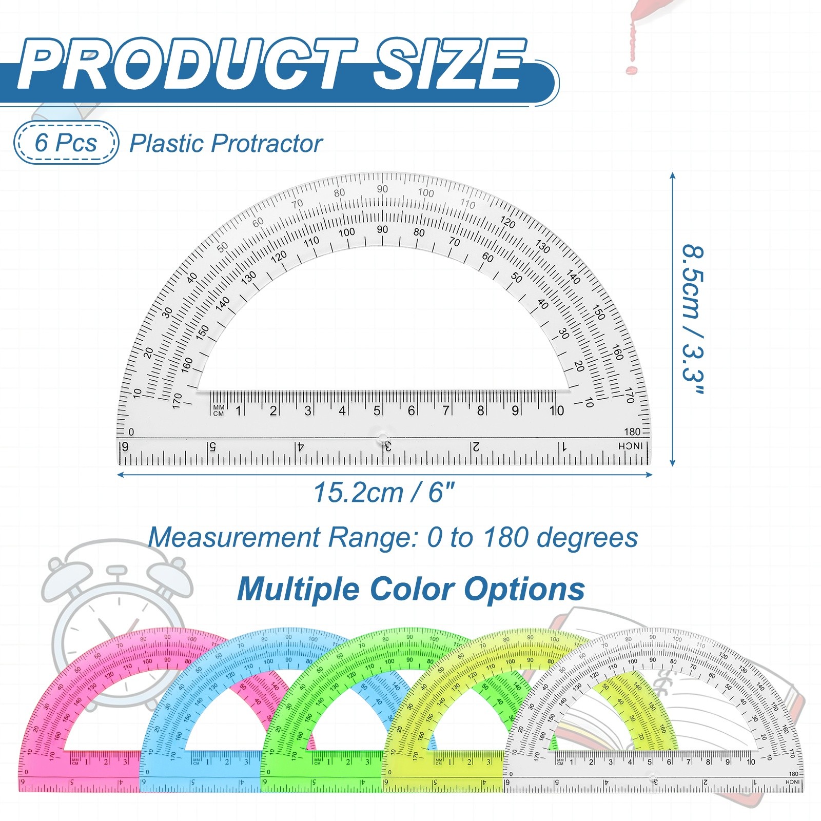 Plastic Protractor, 6 Pack Protractors 6 Inch 180 Degrees Math Tool, Transparent
