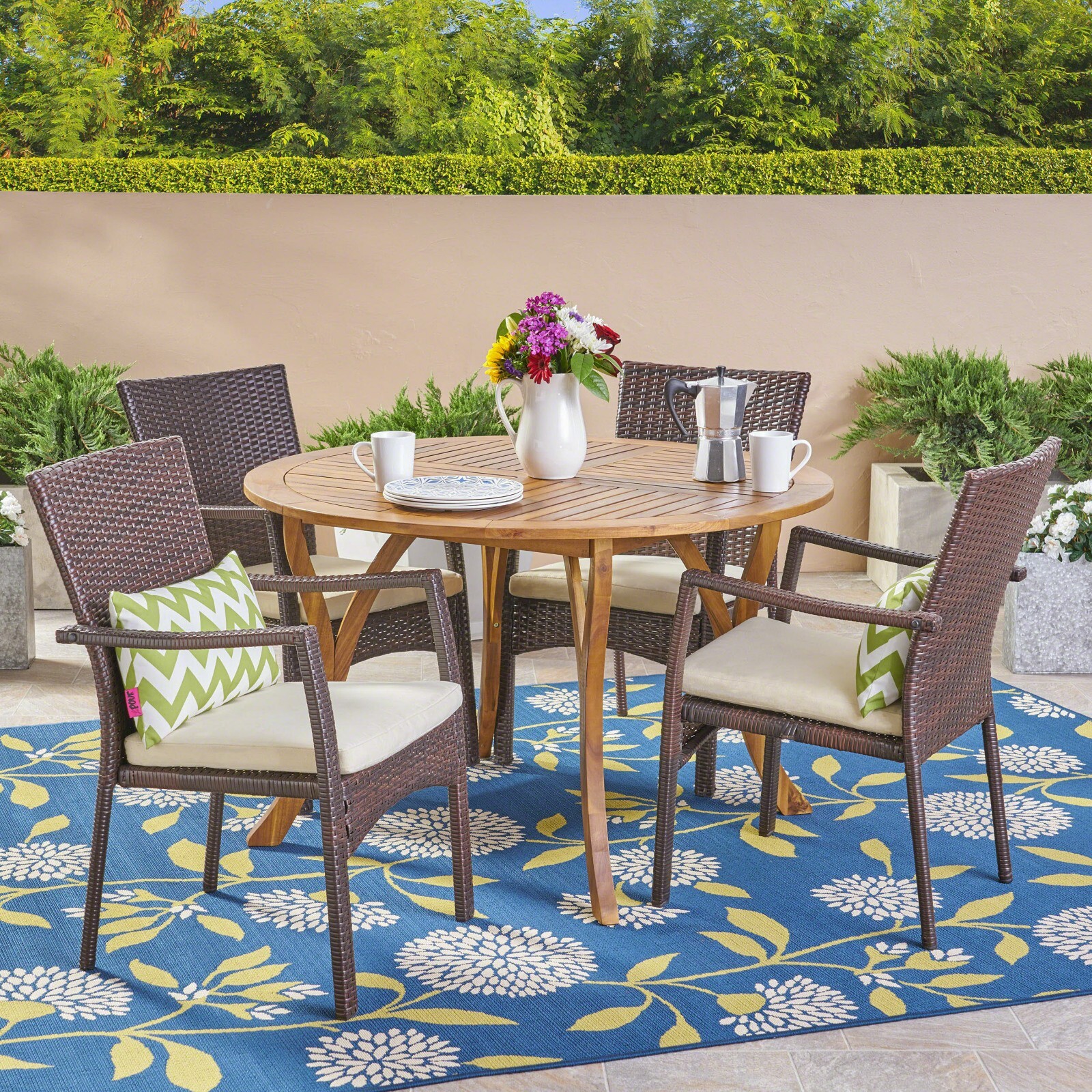 Outdoor Acacia Wood and Wicker 5 Piece Dining Set