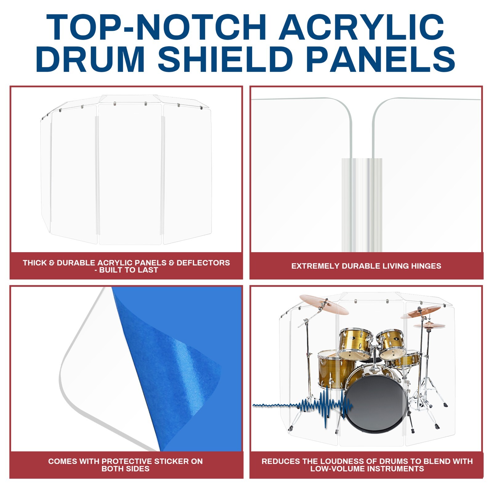 Drum Shield, 2ft. x 4 ft. Drum Panels 4 Panels with Deflectors and Living Hinges