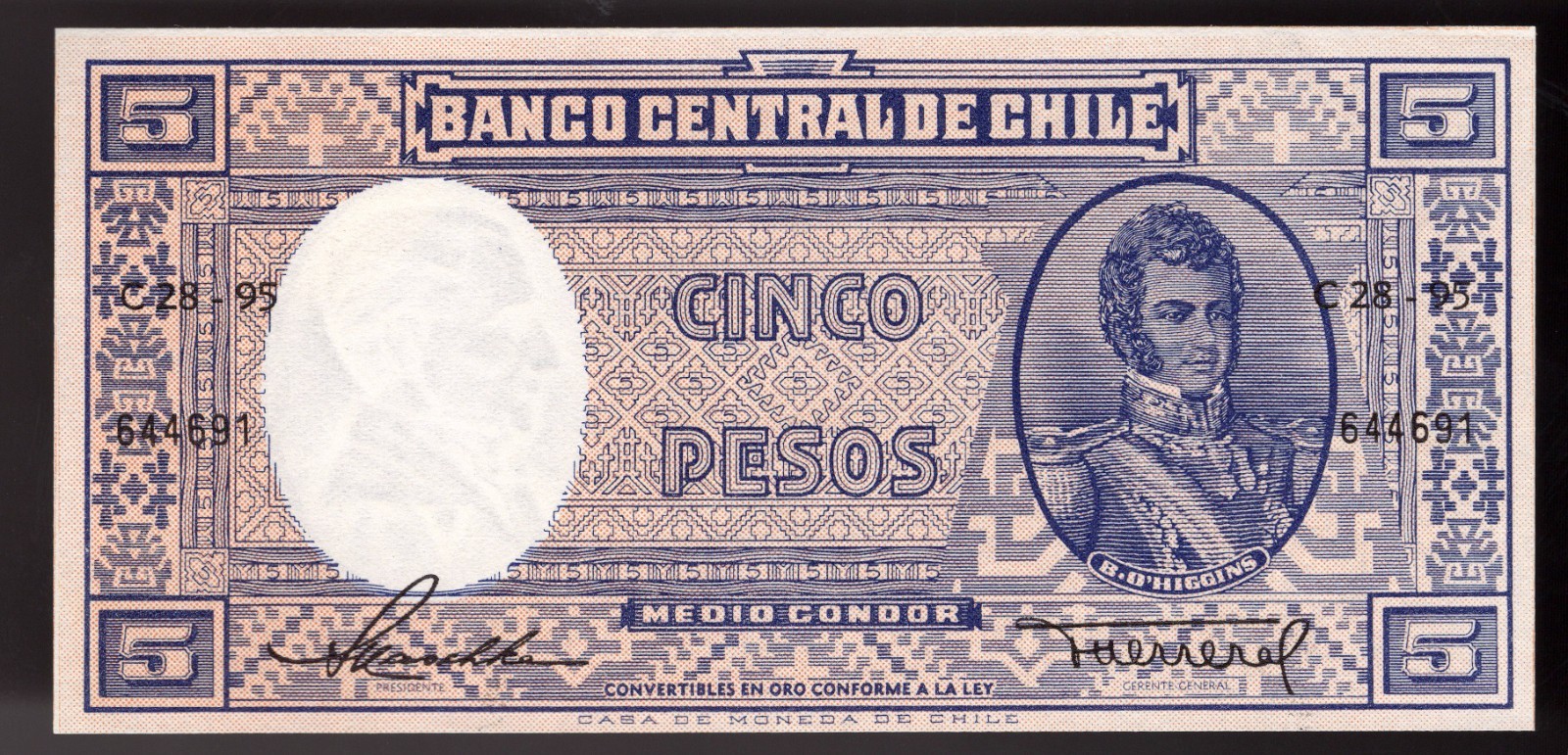 1958 Chile  5  pesos  ND.  Pic# 119  Series C 28-95  Uncirculated (NICE)