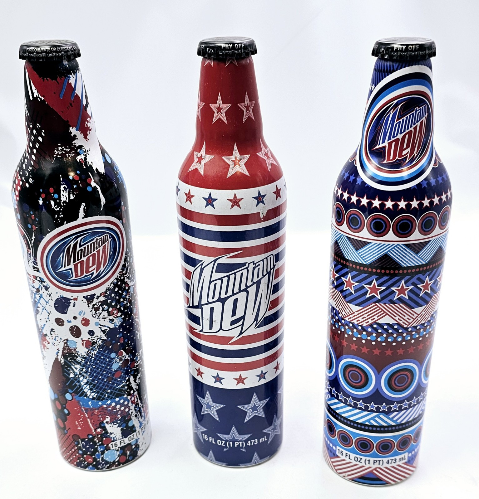 Lot Of 3 Mountain Dew Patriotic Art Aluminum Collectors Bottles Sealed 16oz