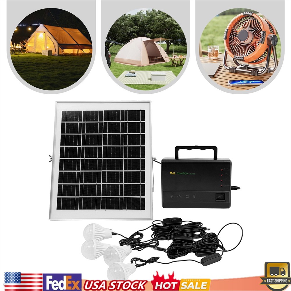 Solar Panel Power Generator Kit Battery Pack Power Station w/ 4 Bulbs Portable