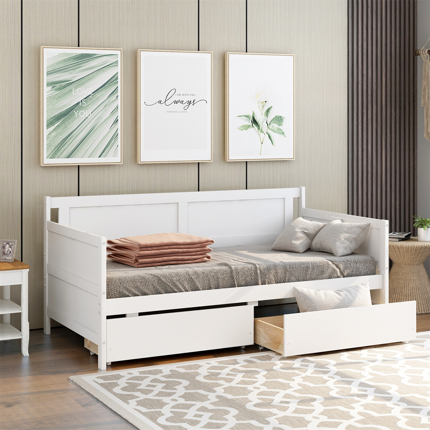Twin Size Daybed Bed Frame Sofa Bed with 2 Storage Drawer Wooden Slat Support