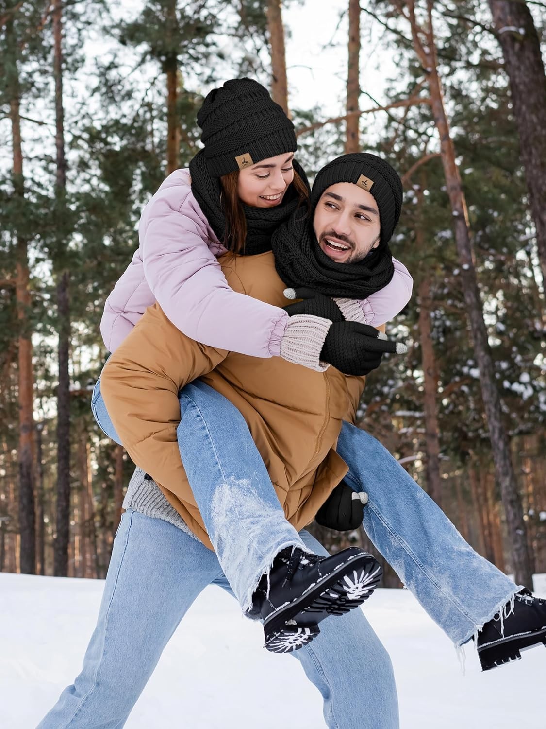 Winter Beanie Hat Scarf Gloves, Warm Fleece Knit Hats Touch Screen Gloves Neck S