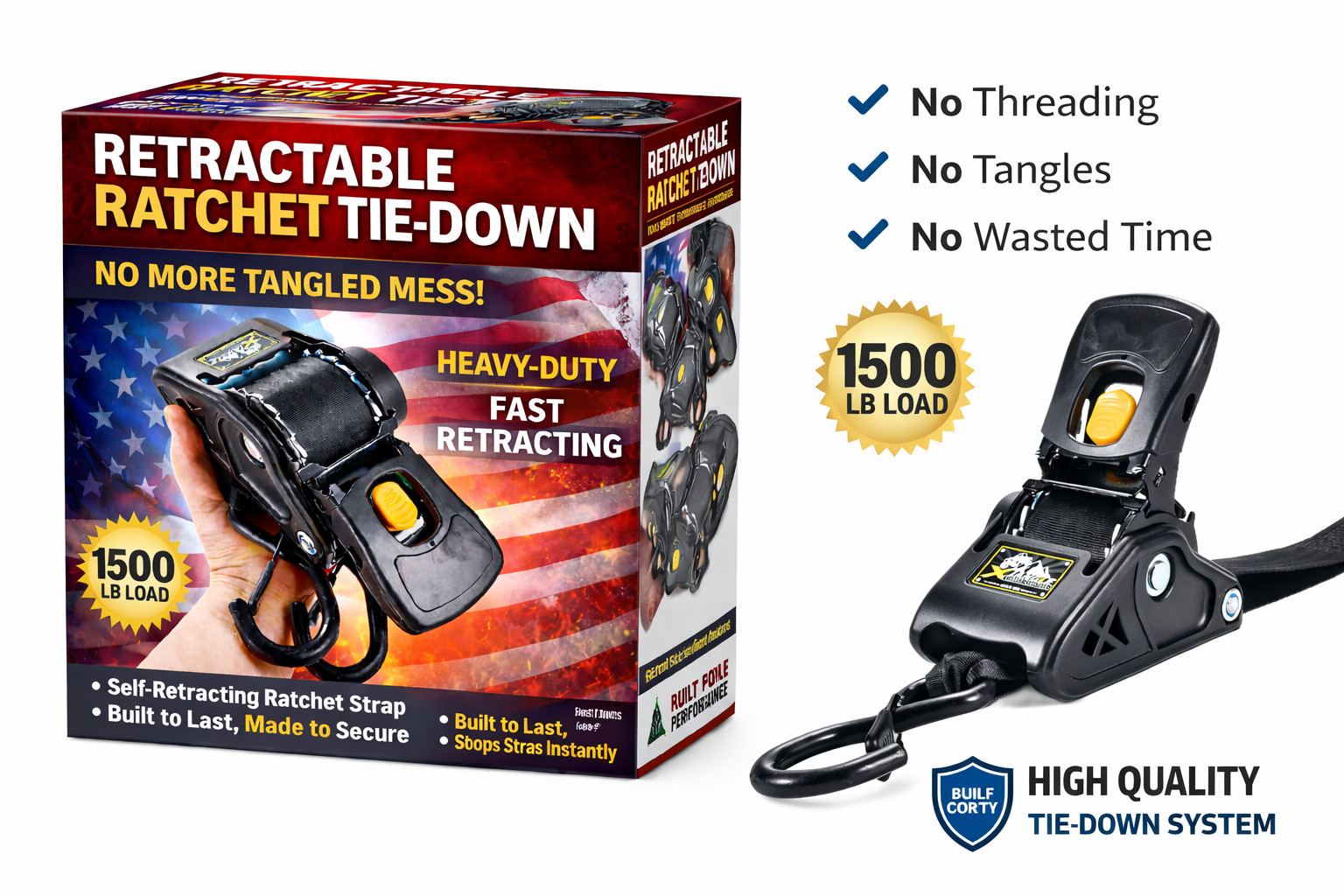 2” Retractable Seatbelt Webbing Ratchet Straps – 3300LB Heavy Duty Tie Downs