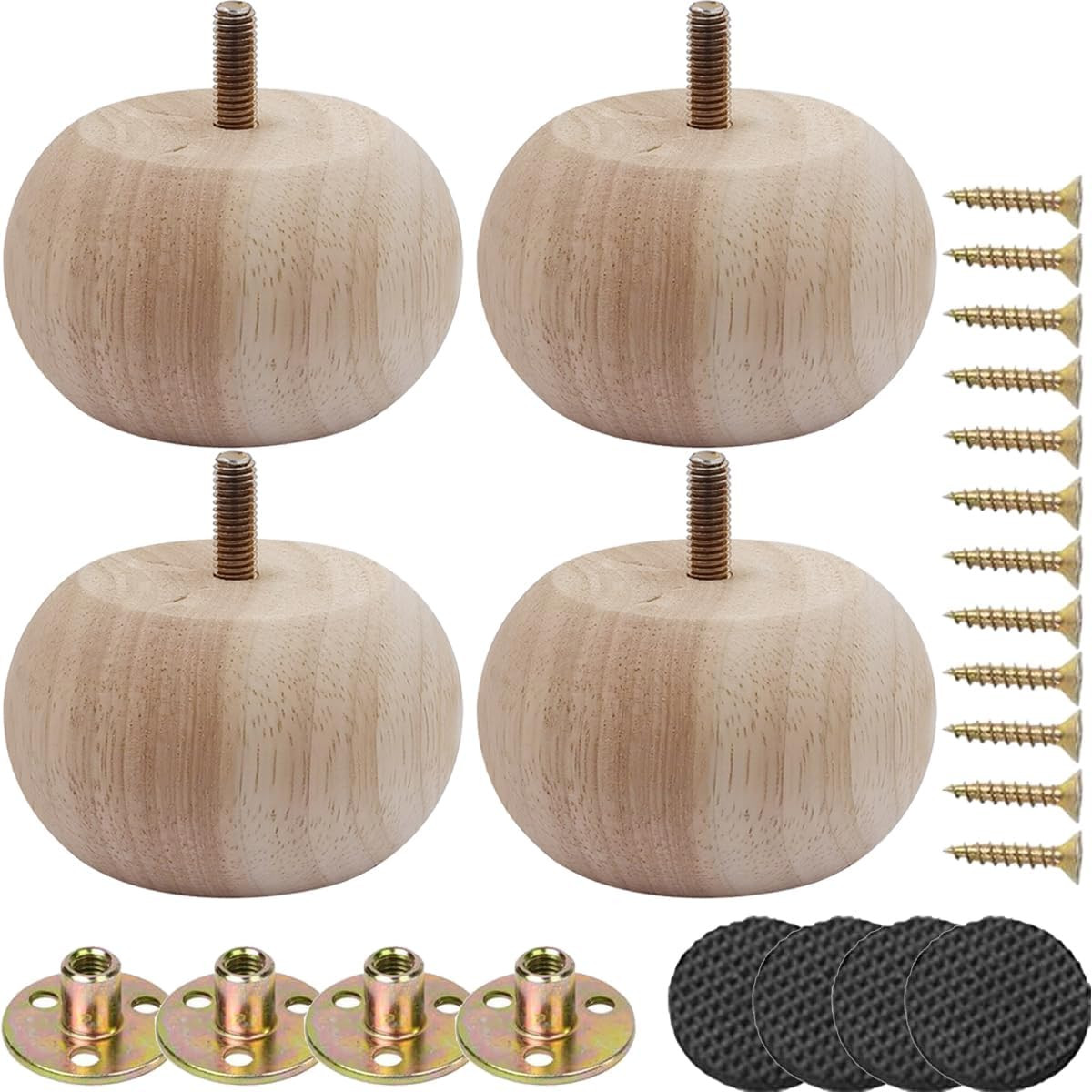 2 Inch Solid Oak Wood Bun Feet, Set of 4 - Unfinished round Furniture Legs for S