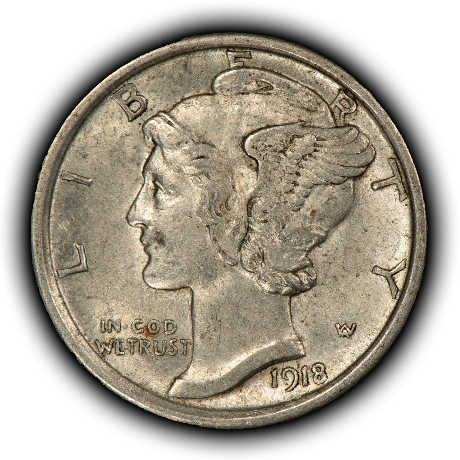 1918 10c Mercury Silver Dime - PQ Original AU - SKU-Z6760