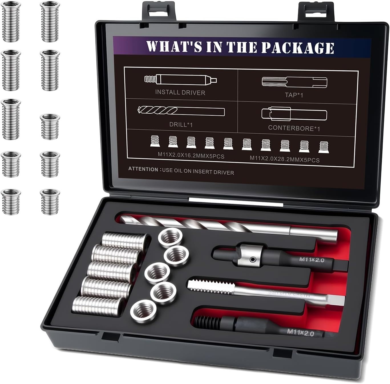M11X2.0 Metric Thread Repair Kit with Insert HSS Drill, Tap, Installation Driver