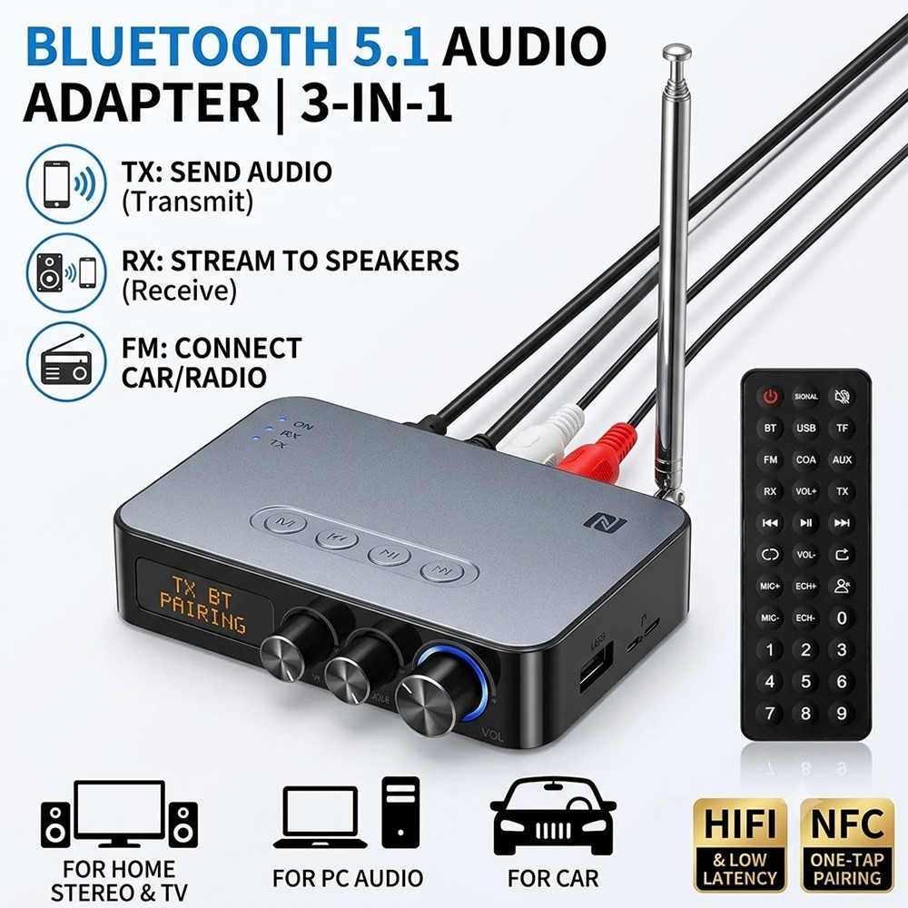 3-in-1 Bluetooth 5.1 Transmitter Receiver Long Range Adapter for TV Home Stereo
