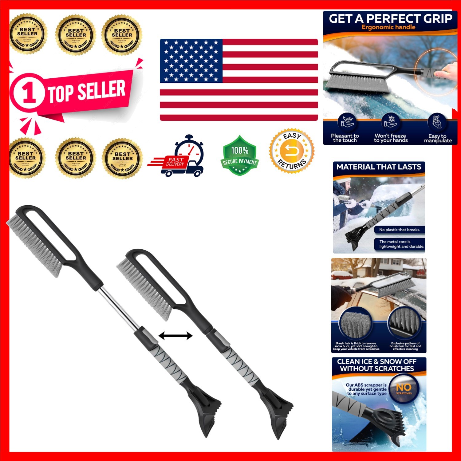 34.5'' Extendable Ice Scraper with Foam Grip - Heavy Duty for Cars & SUVs