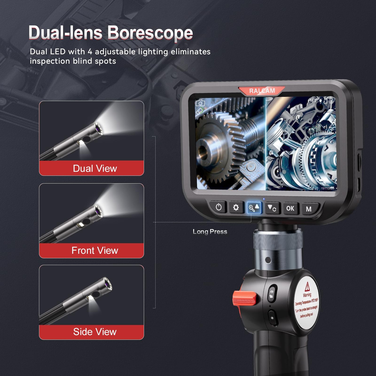 Dual Lens Articulating Borescope, 10FT Semi-Rigid Inspection Camera with 5" H...