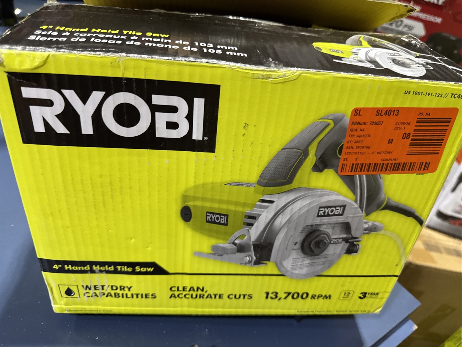 Ryobi TC4011 4" Hand Held Tile Saw Corded Electric 12A 120V 13700RPM Wet/Dry