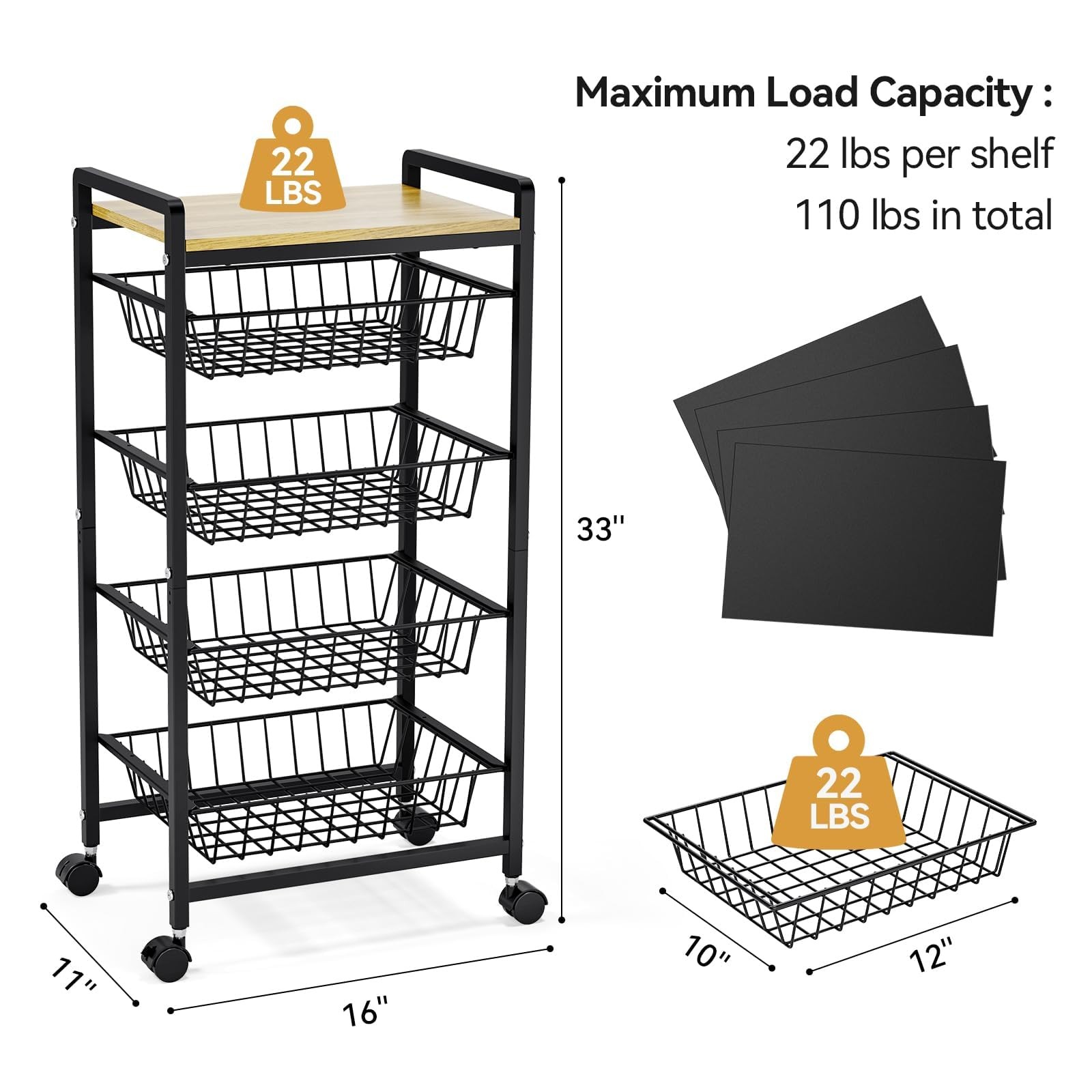 5-Tier Kitchen Cart with Tabletop, Rolling Snack Cart with Lockable Wheels, F...