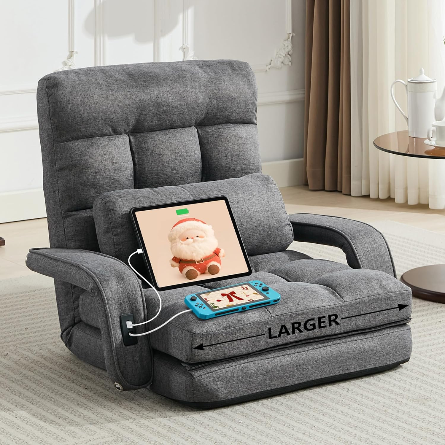 Comfy Floor Chair Bedroom 2 USB Charging Ports, 5-Position Couch Gaming Lounge C