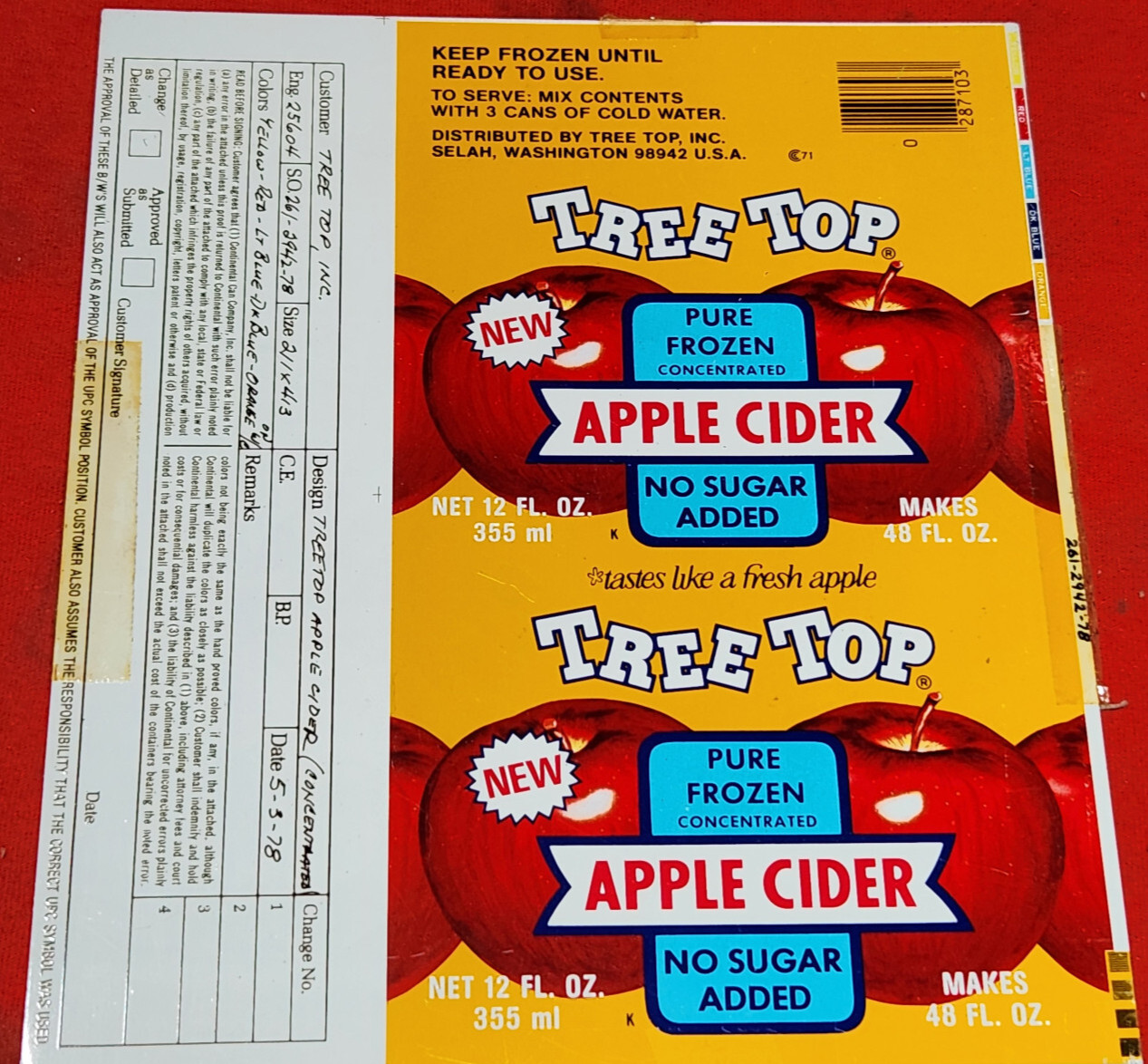 rare CONTINENTAL CAN flat TreeTop APPLE CIDER FROZEN 12oz APPROVAL 1978 8w5