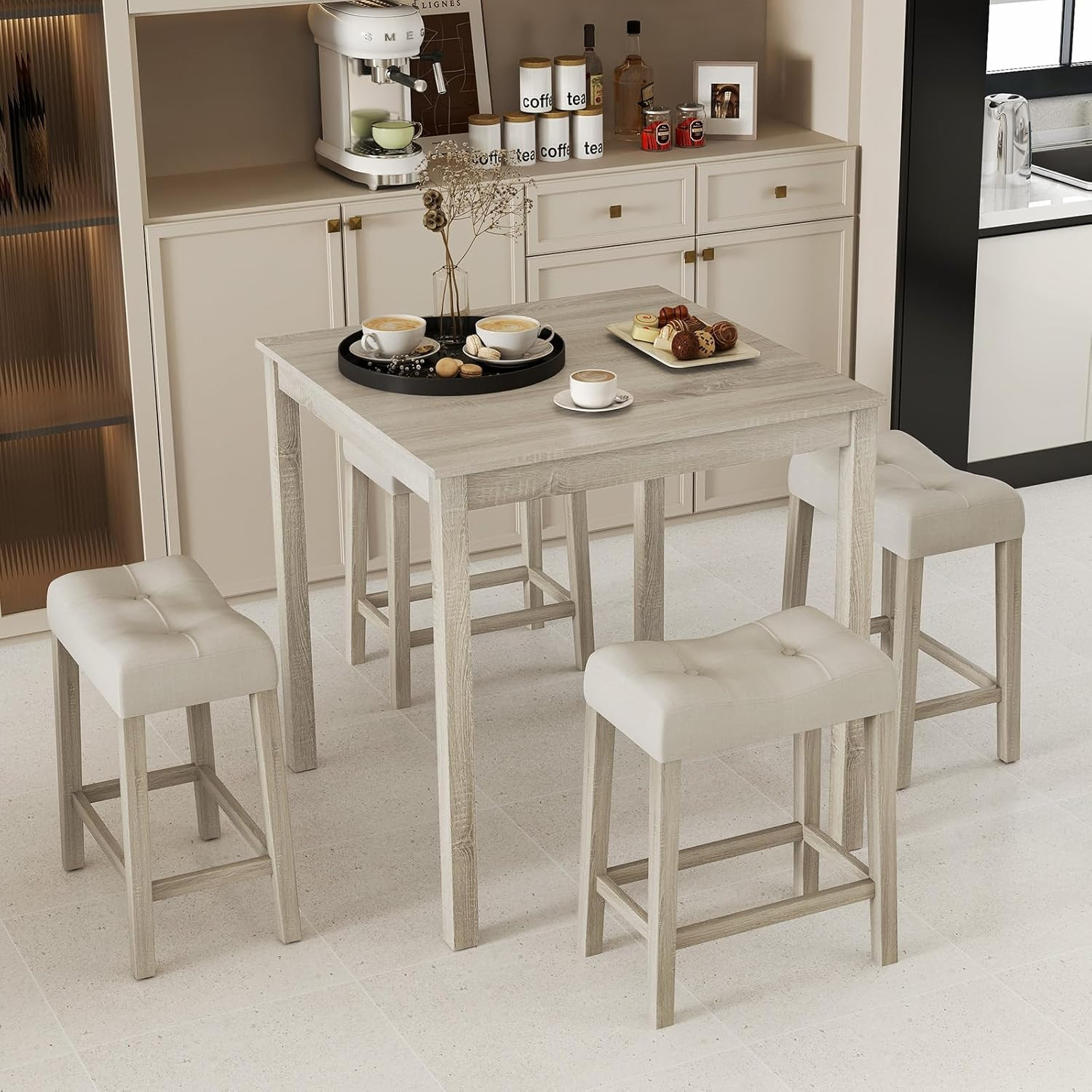5-Piece Space-Saving Bar Table Set with Padded Stools for Small Spaces