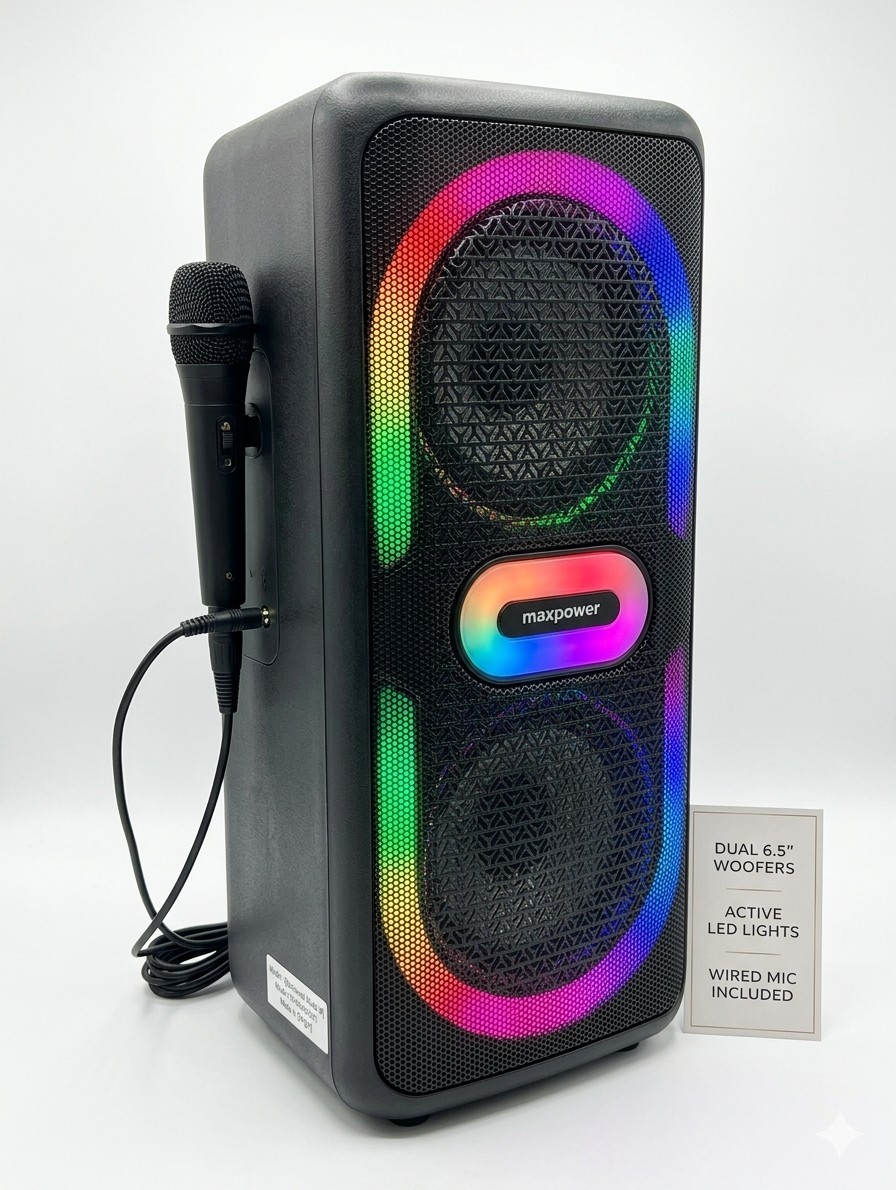 New Maxpower Karaoke Speaker 6.5”x2 Woofers w/ LED Effects & Microphone