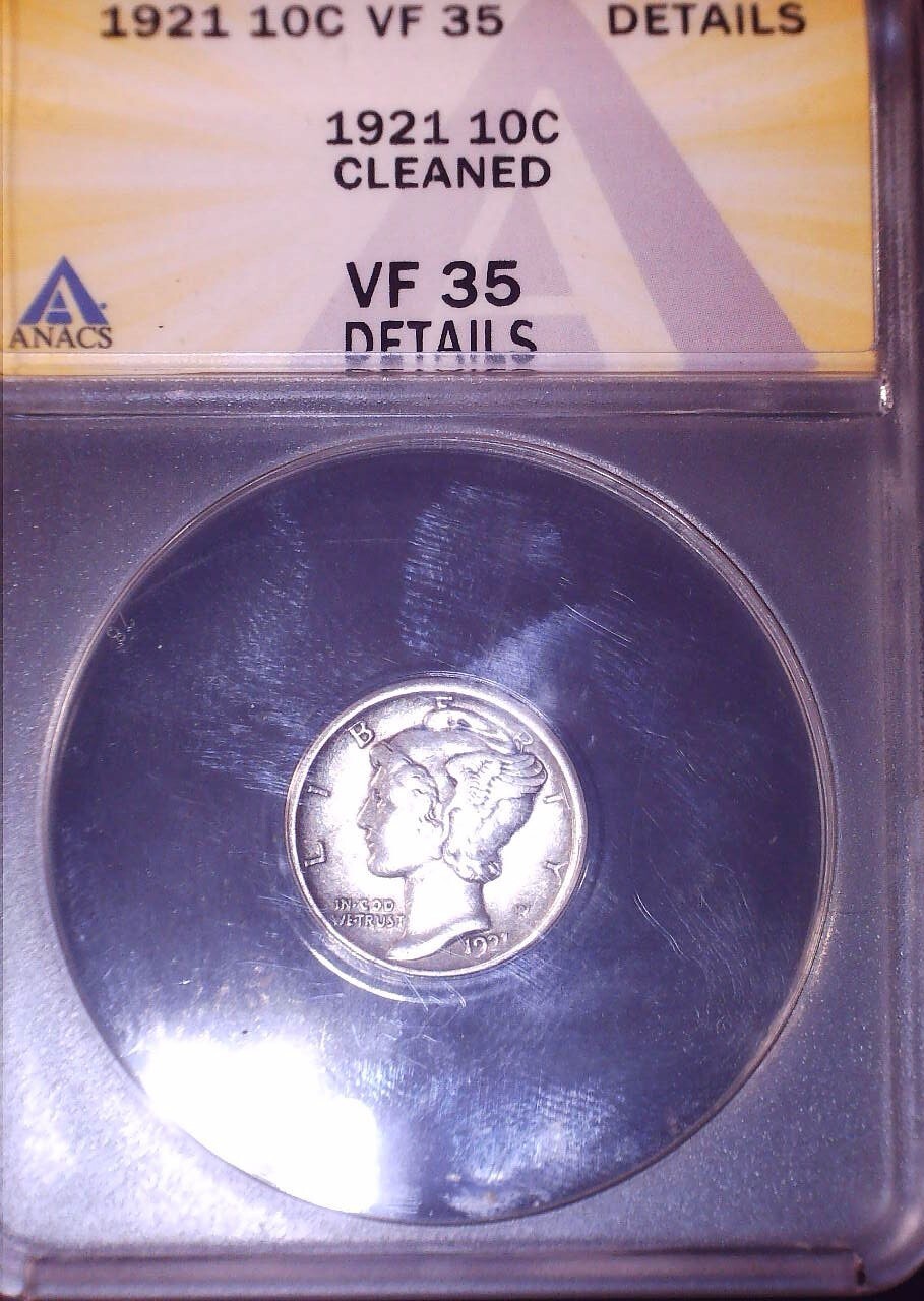 1921 Mercury Dime, ANACS VF30, Cleaned, Key Date