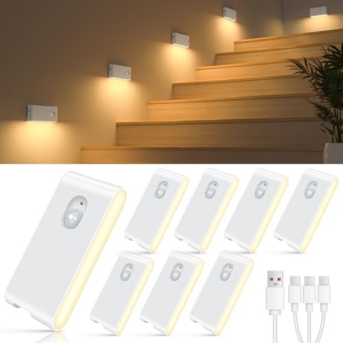 Rechargeable Night Lights, Warm Motion Sensor Night Lights, 8 Pack White
