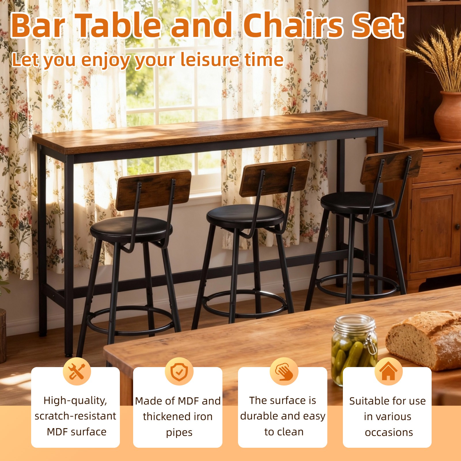 Bar Table and Chairs Set for 3, 4 Piece Industrial Dining Table Set