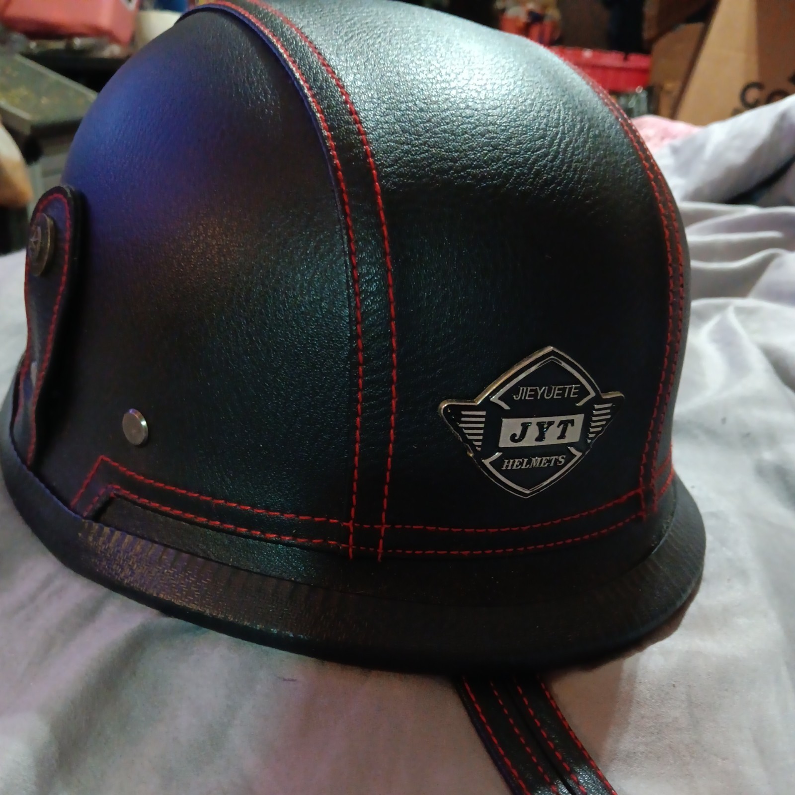Motorcycle Helmets JYT Jieyuete Black Leather Helmet Retro Half Scooter Cruiser