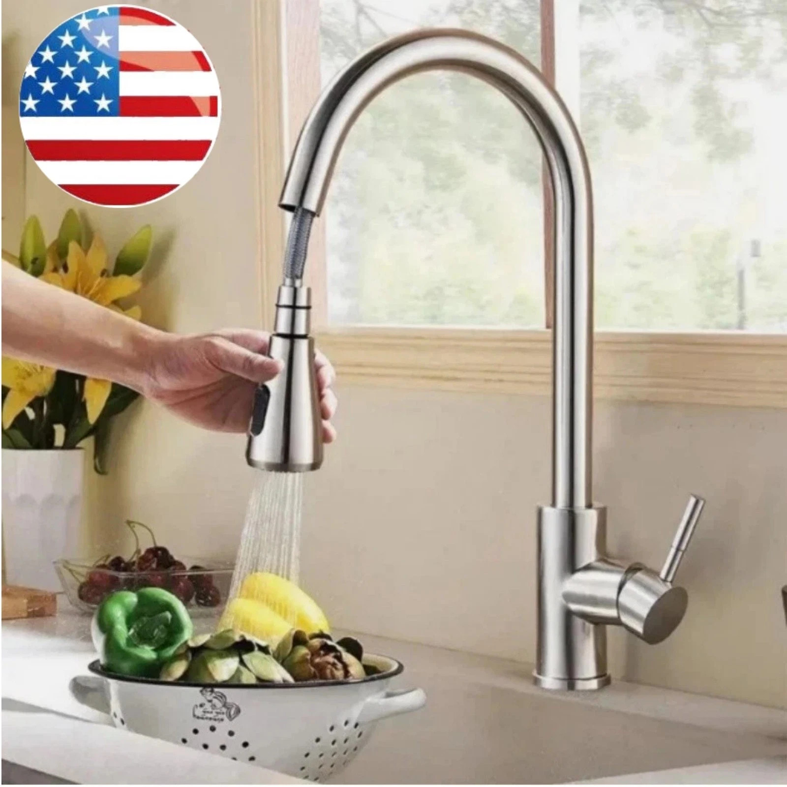 Brushed Nickel Kitchen Faucet Sink Mixer Faucet Pull Down Sprayer Single Handle