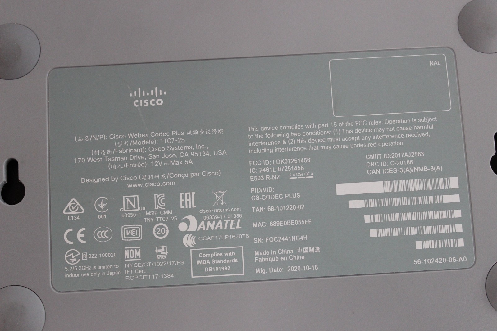 Cisco Webex Plus TTC7-25 CS-Codec-Plus w/ AC