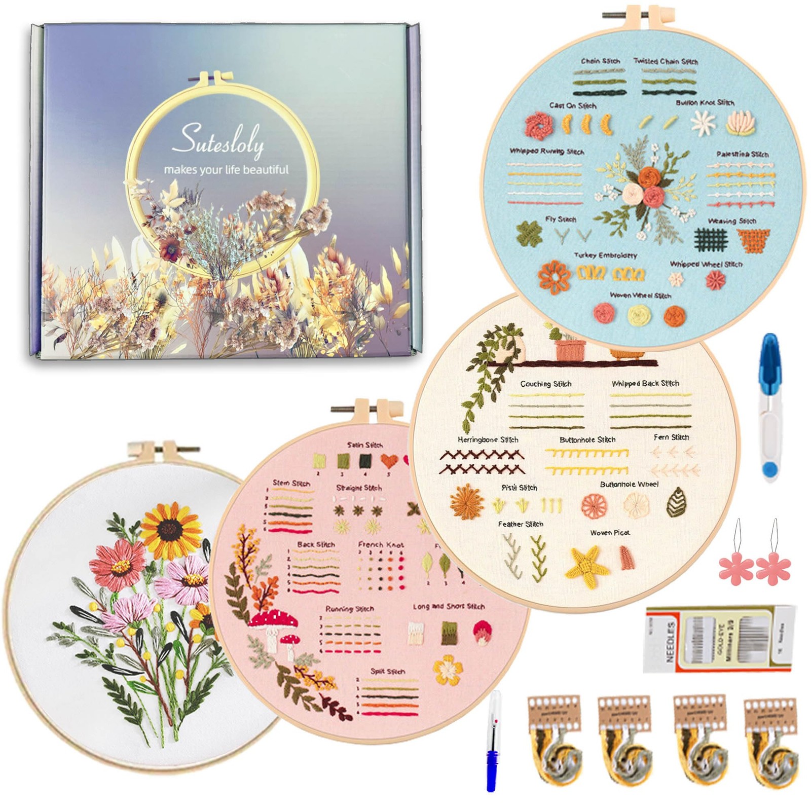 Sutesloly Hand Embroidery Kit for Beginners, 4 Sets Learn to 20cm, pink