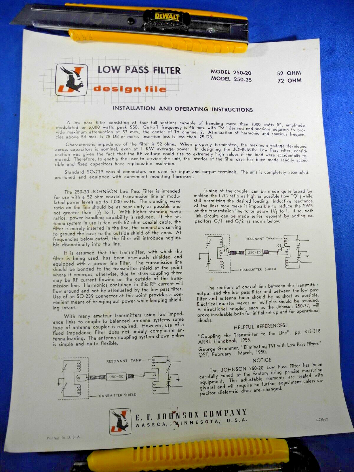 EF JOHNSON WM NYE HF LOW PASS FILTER 250-20 250-35 Instructions Sheet