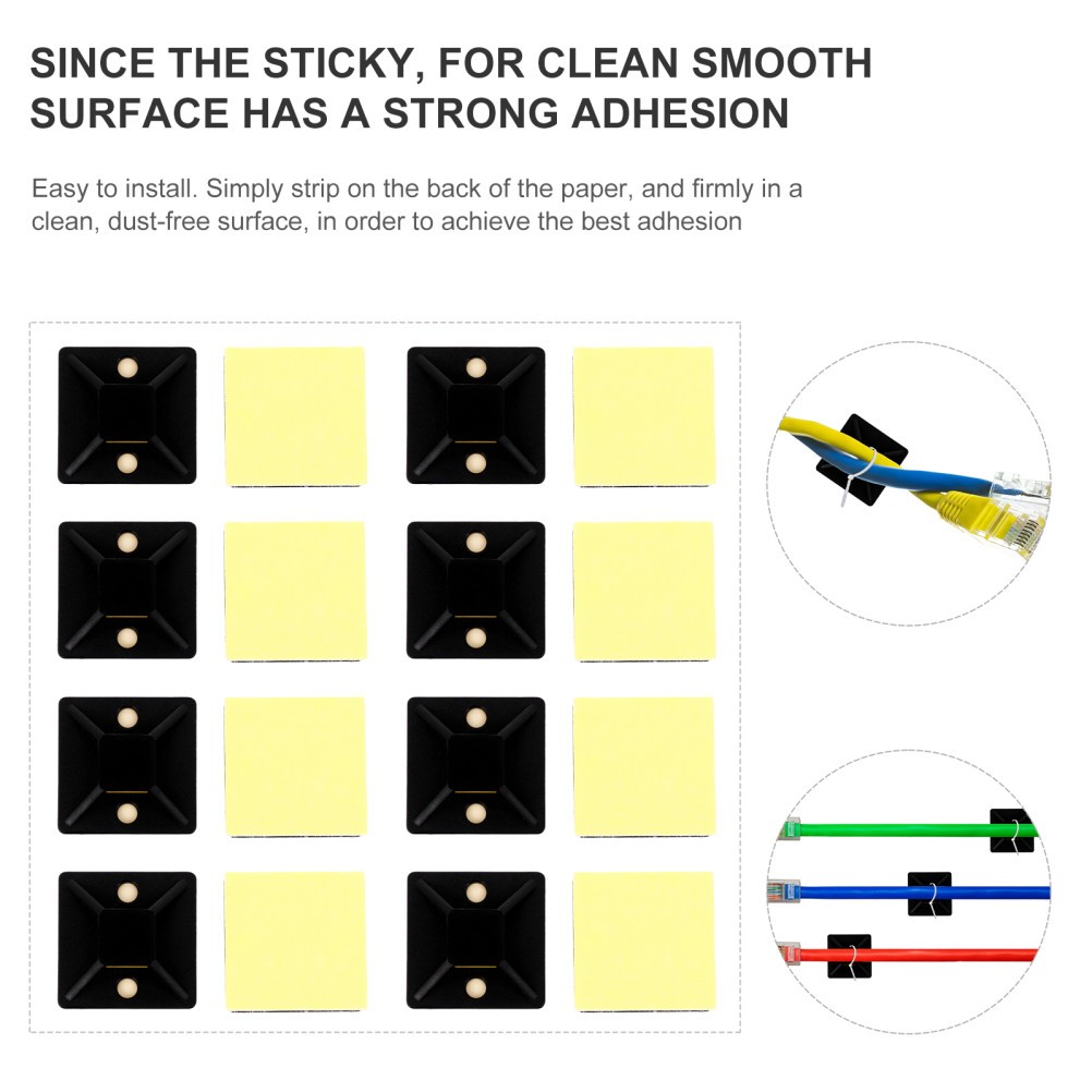 100pcs Square Self-Adhesive Cable Tie Mount Base Wire Cable Organizer (Black)