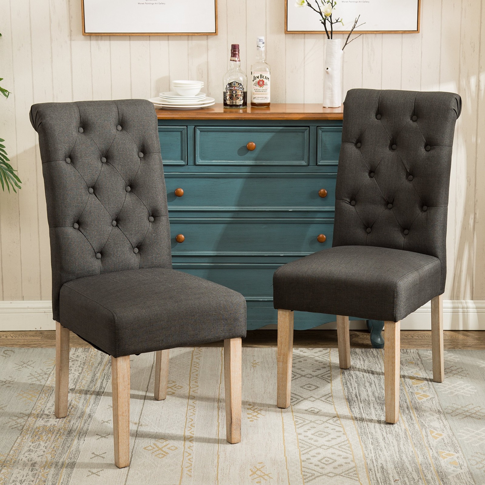Roundhill Furniture Habit Solid Wood Tufted Parsons Set of 2, Charcoal