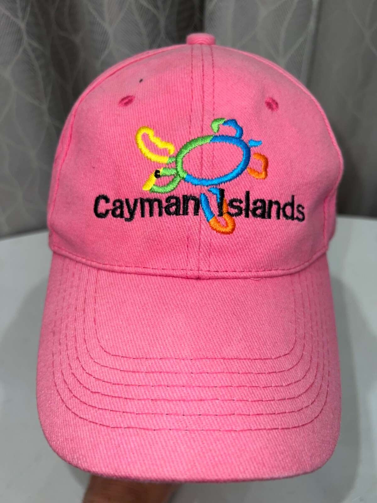 Cayman Islands Pink Hat with Mulit-color Embroidered Turtle Hat Cap Hook LoopEUC