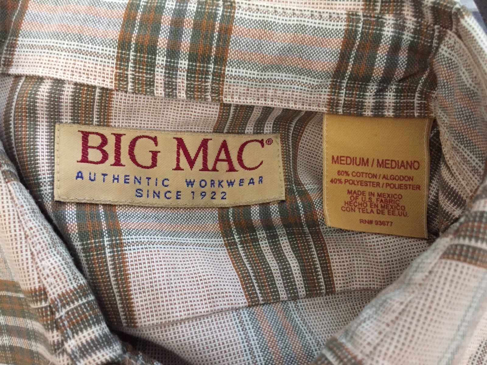 Big Mac Authentic Work Wear Long Sleeve Shirt Size Medium Plaid Button Front