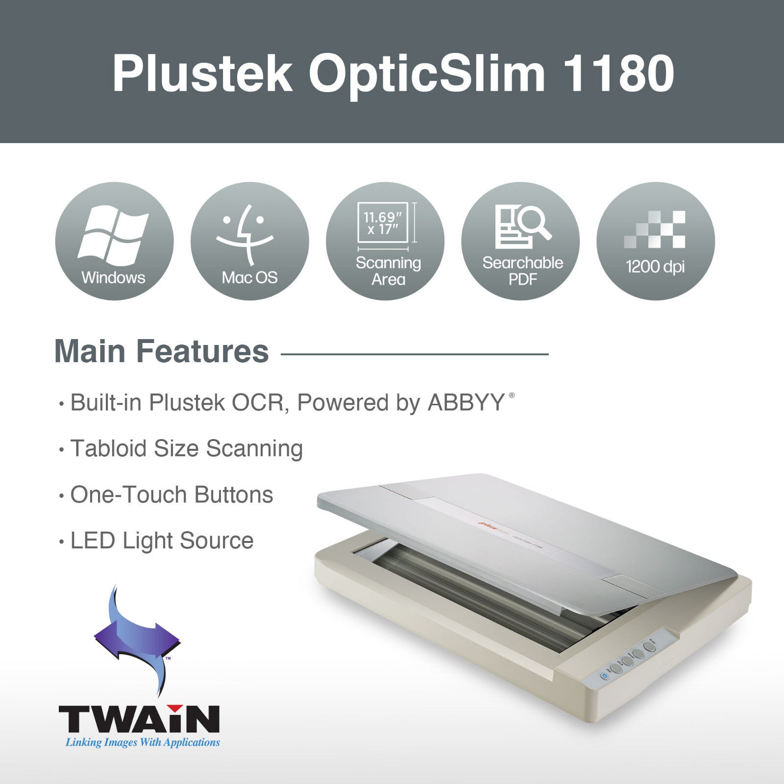 Plustek OpticSlim 1180 A3 Large Format Flatbed Document Scanner 1200 DPI