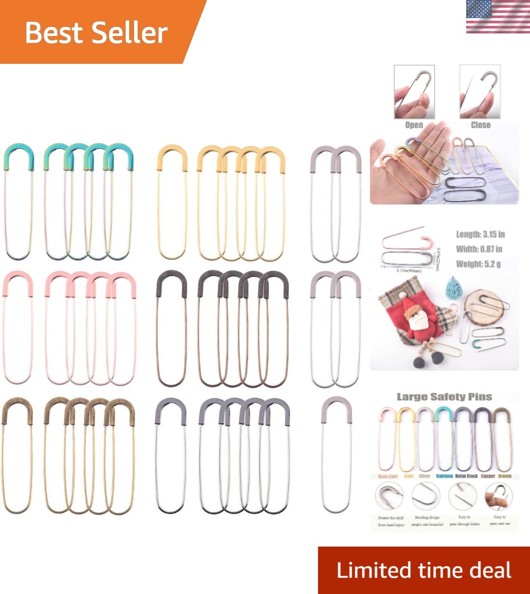 Colorful Jumbo Safety Pins - 35 pcs of 80mm Metal Pins for Fashion & Crafts