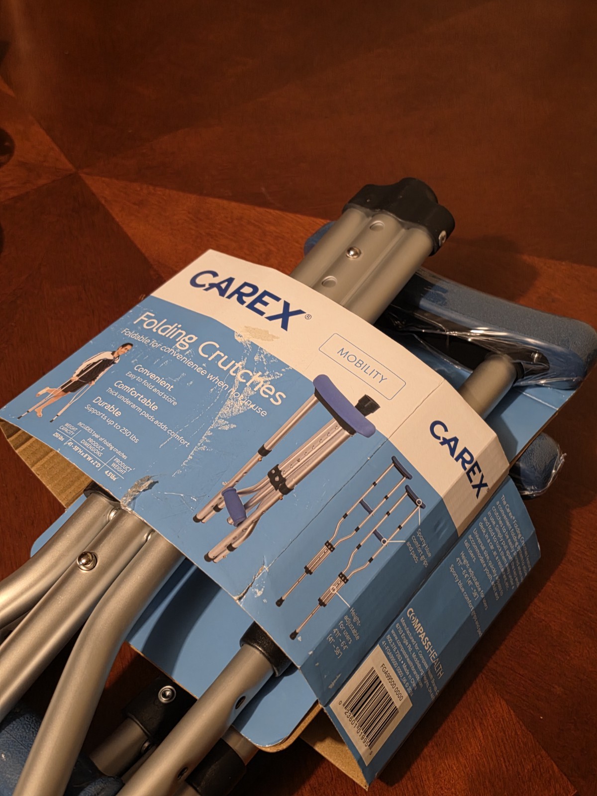 New Carex Universal Folding Crutches Adjustable For Users 41”-58” W/Blue Grips
