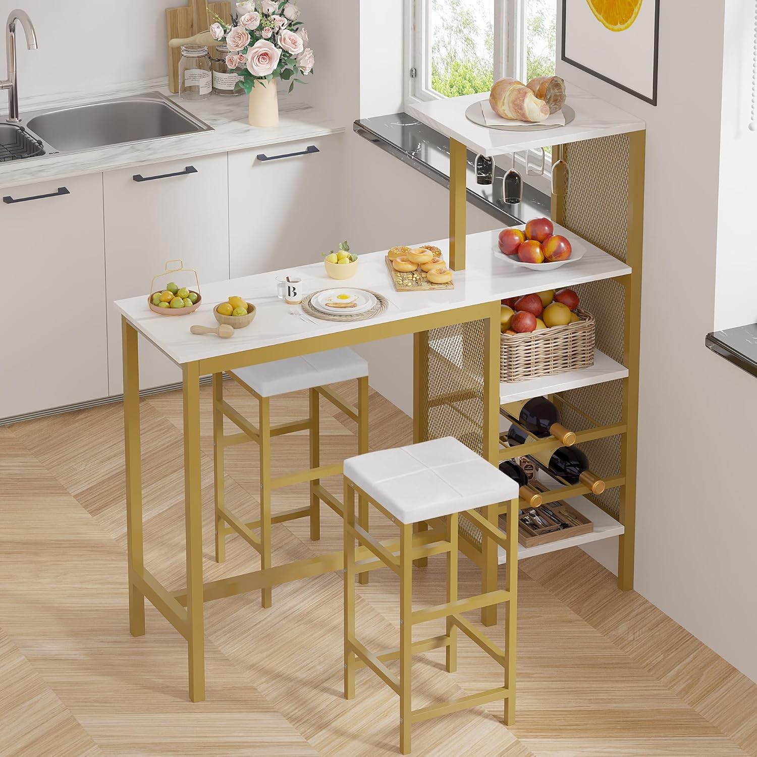 Bar Table and Chairs Set for 2, 3-Piece Dining Set with Storage Shelves, Cup