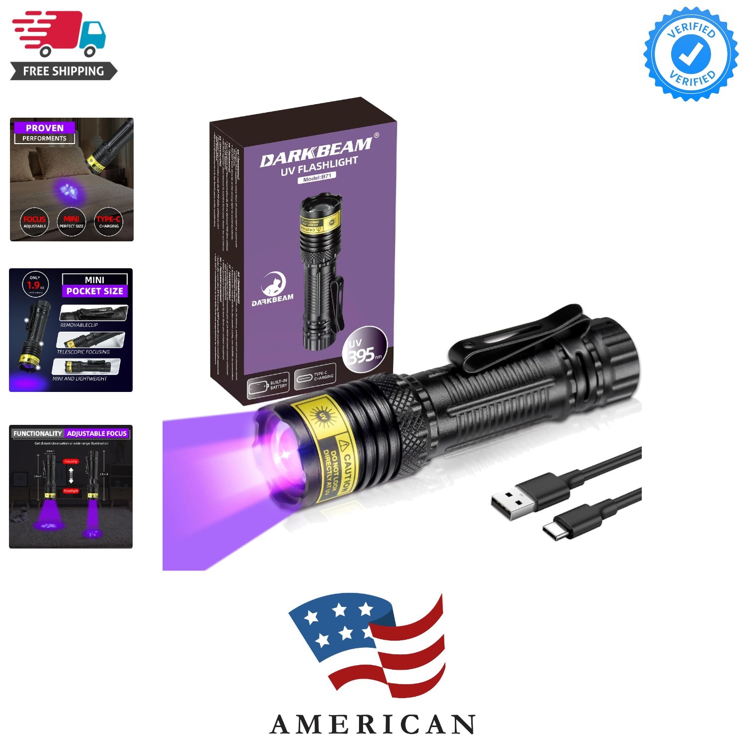UV Flashlight 395nm Black Light, Mini Powerful USB-C Rechargeable | LED Black...