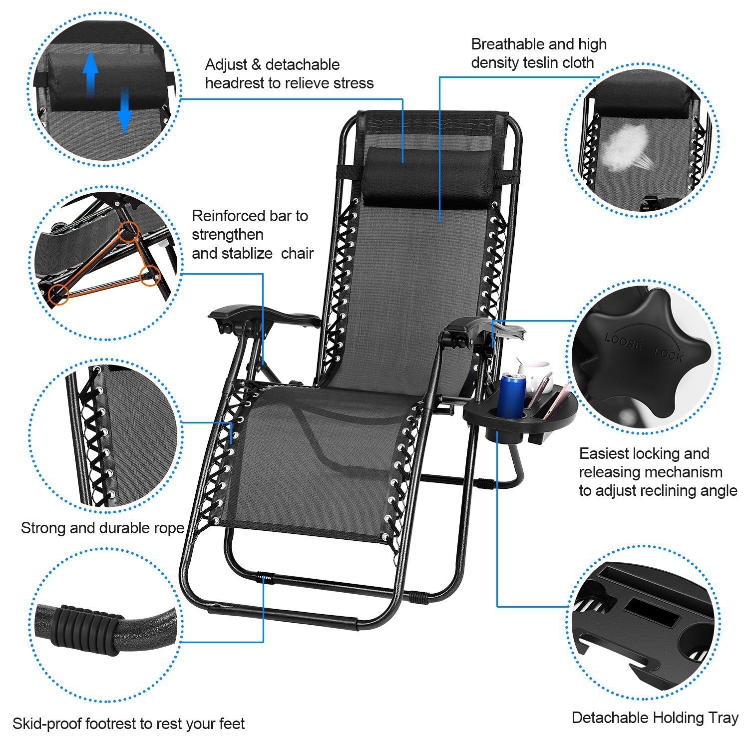 2 Pack Gravity Chairs Folding Patio Lounge Beach Outdoor Recliner with Side Tray