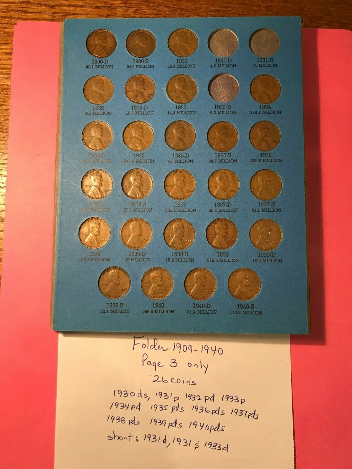 1930 1940 26 coin Page 3 of Whitman 9004 Folder Lincoln Penny 31 32 32D 33 38S